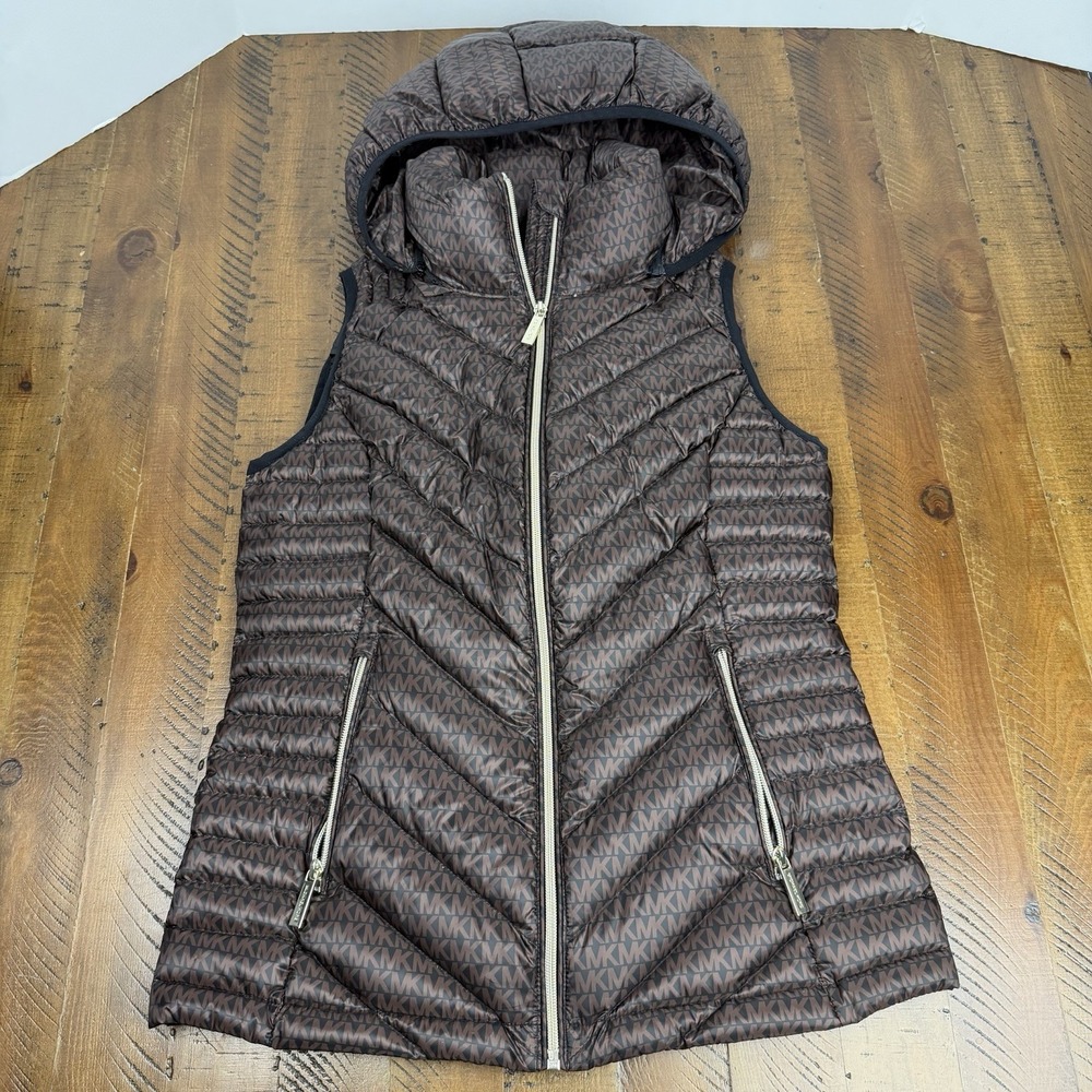 Michael Kors Hooded Packable Puffer Vest Brown MK Logo Size XS